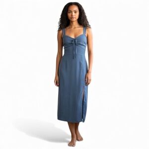 Abercrombie & Fitch Slate Blue Midi Dress Size S Tie Front Slit Spring Wedding